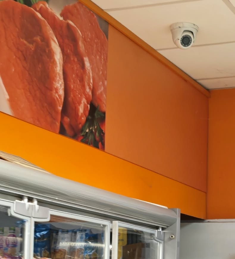 Cámara domo de videovigilancia cableada sobre la zona de refrigerados de una tienda de alimentación en Alaquàs