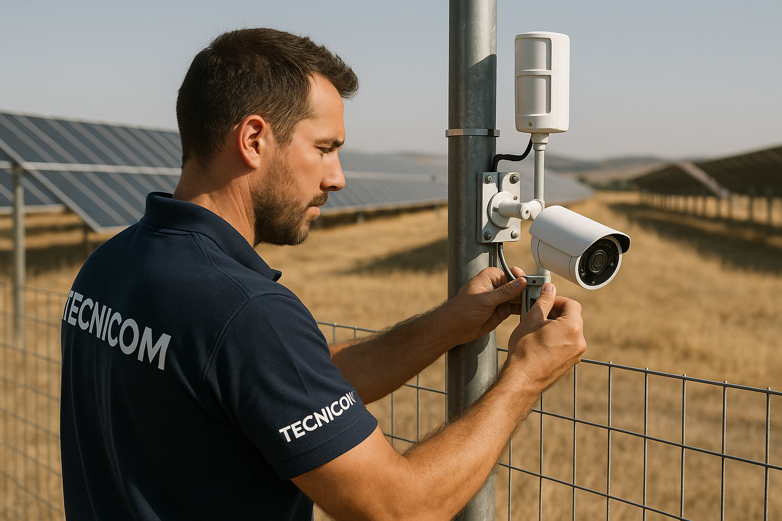 Técnico de Tecnicom instalando una cámara y un detector de movimiento en el vallado perimetral de un huerto solar en Alborache