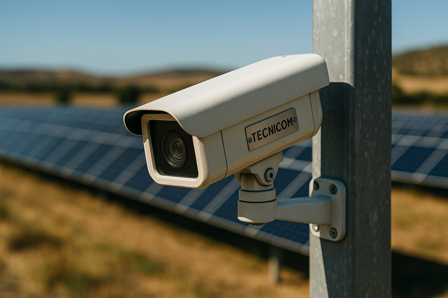 Cámara de videovigilancia con placa TECNICOM en un poste perimetral de un huerto solar en Alborache
