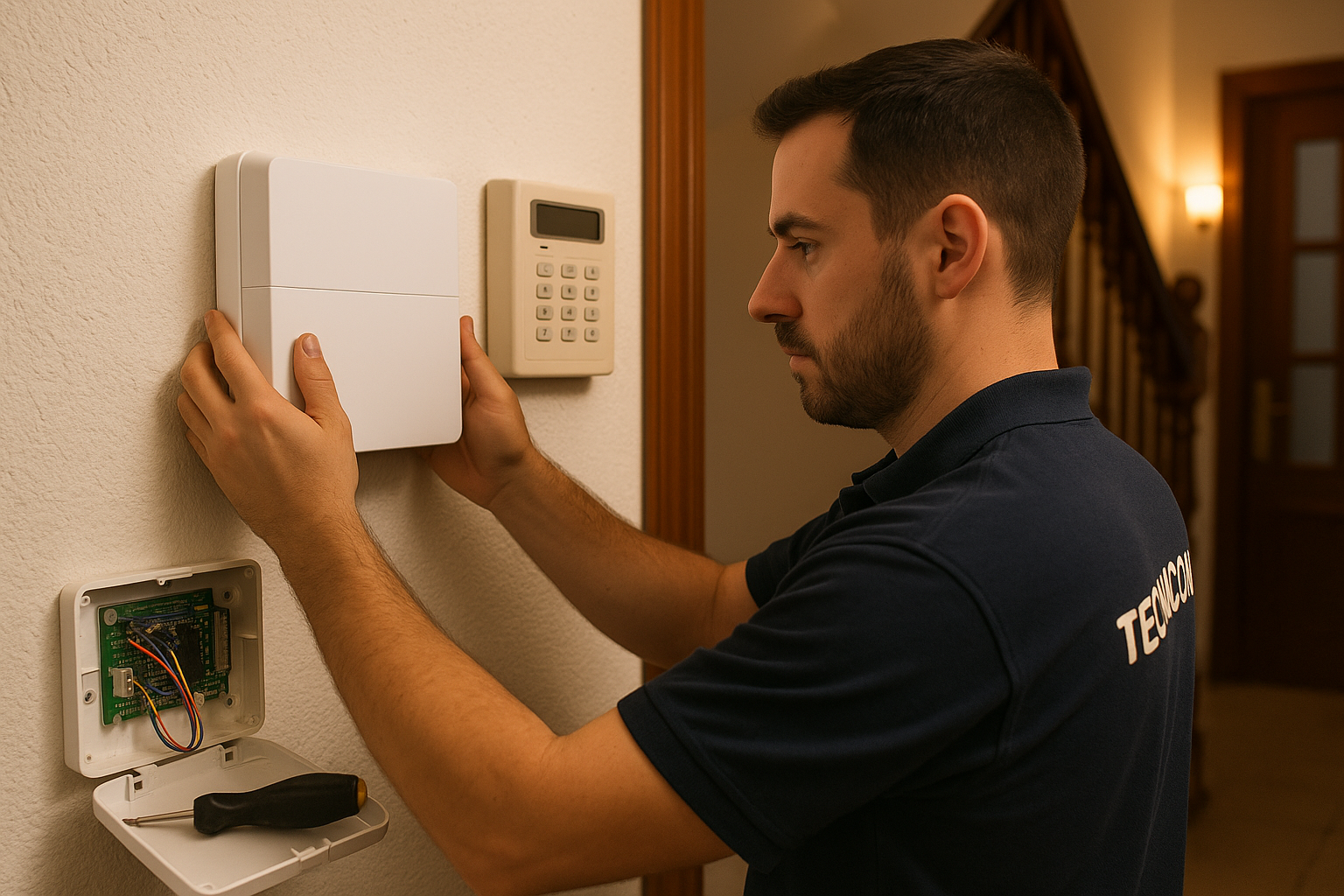 Técnico de Tecnicom instalando la nueva central de alarma en la pared de un chalet en Bétera