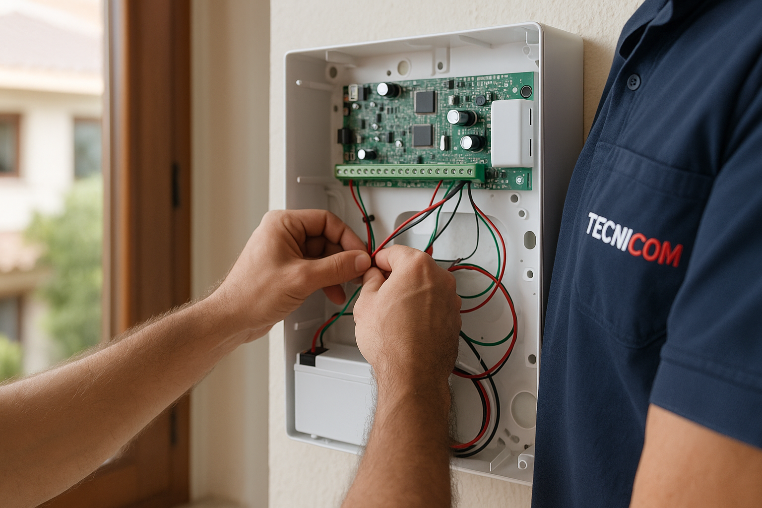 Técnico de Tecnicom conectando el cableado de la nueva central de alarma, con el logo TECNICOM en el polo, en un chalet de Bétera