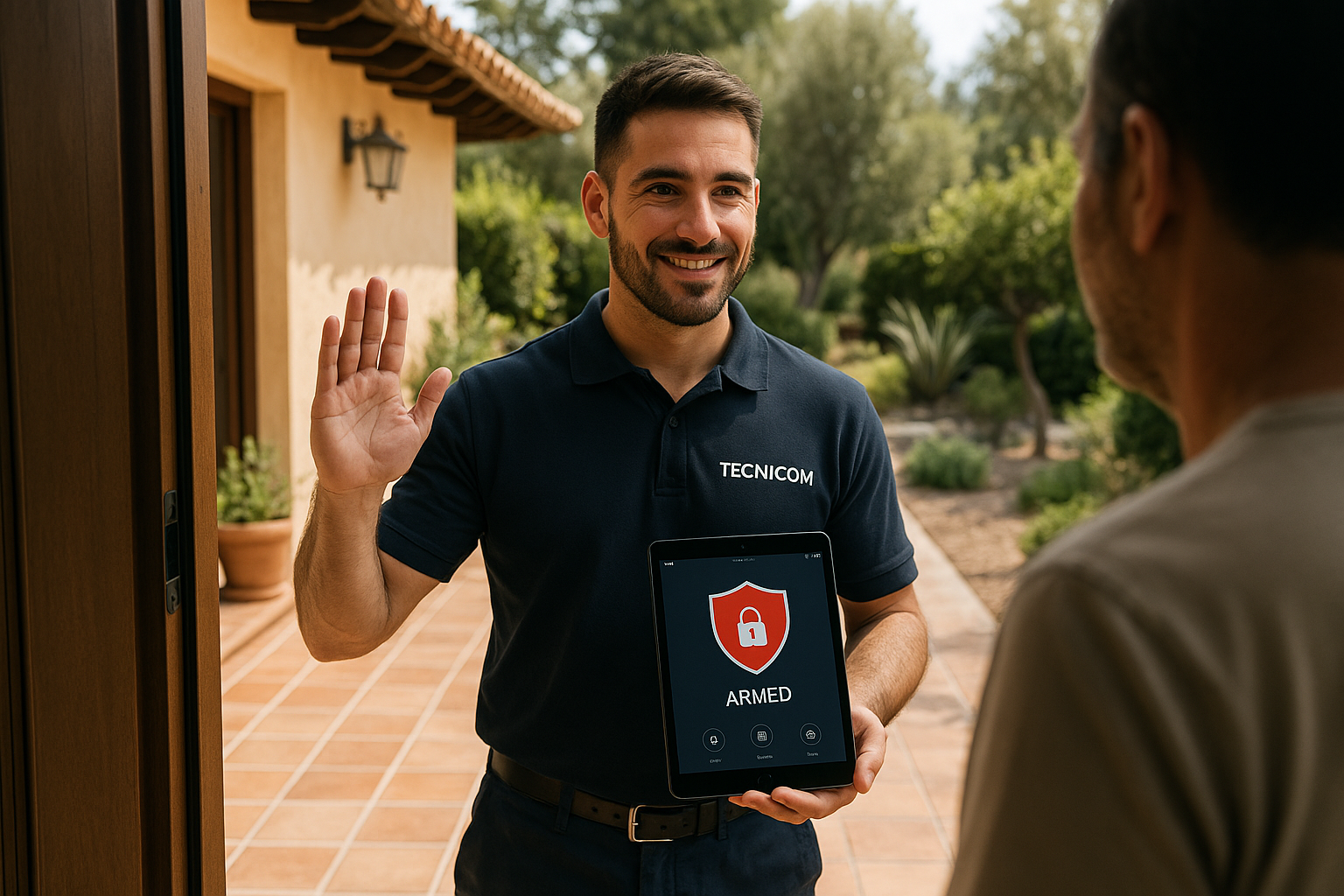 Técnico de Tecnicom enseñando al cliente la app de la alarma ya reconectada en la entrada de un chalet de Bétera