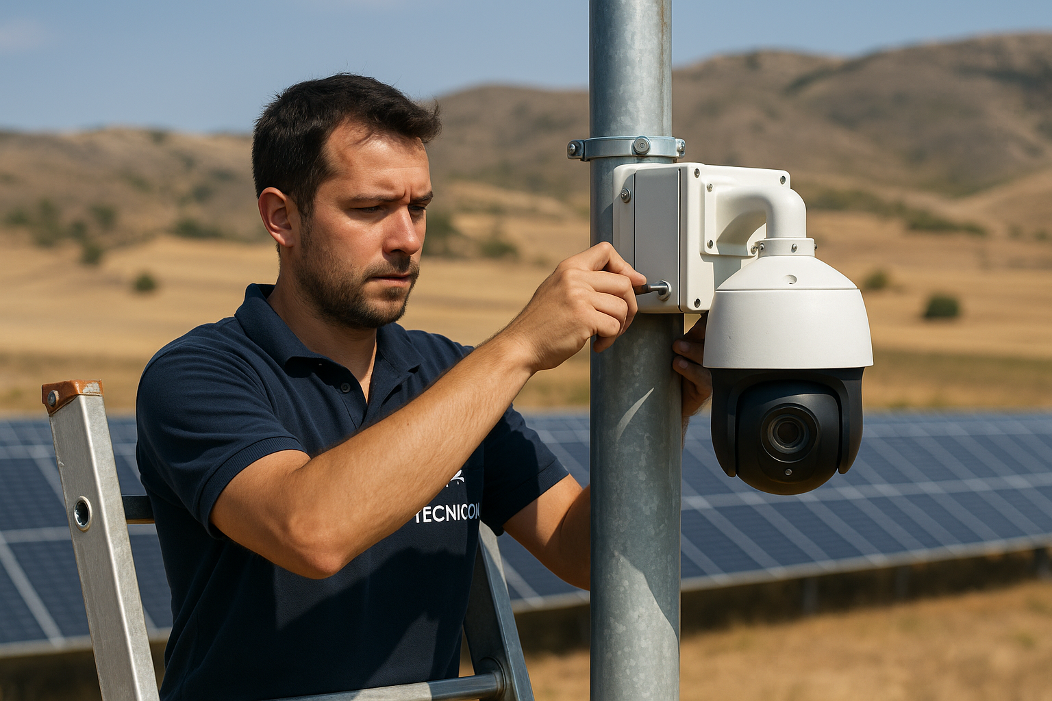 Técnico de Tecnicom instalando una cámara analítica nueva en un poste de una campa de paneles solares en Jalance