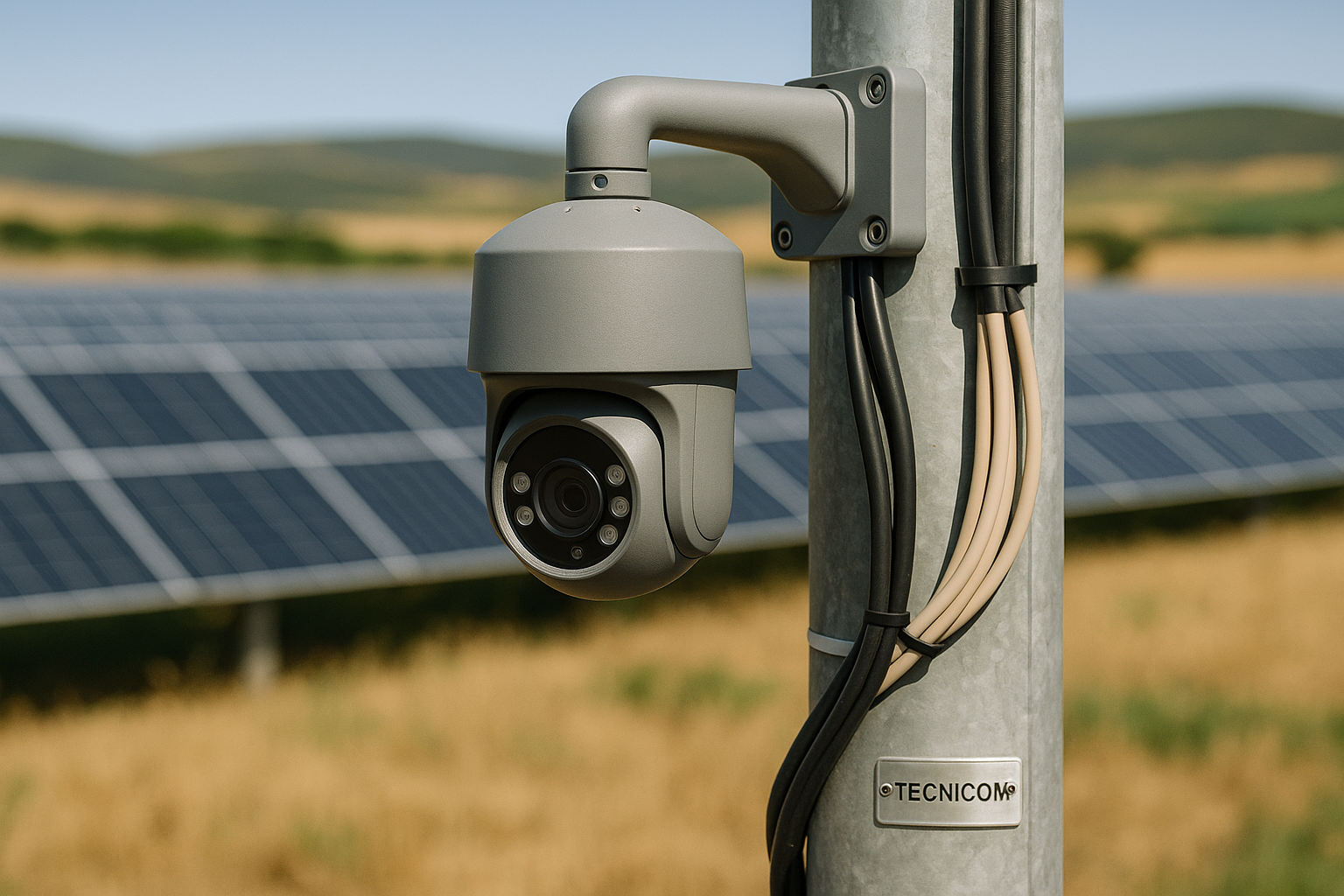 Cámara analítica con placa TECNICOM y cableado nuevo en un poste de una campa de paneles solares en Jalance