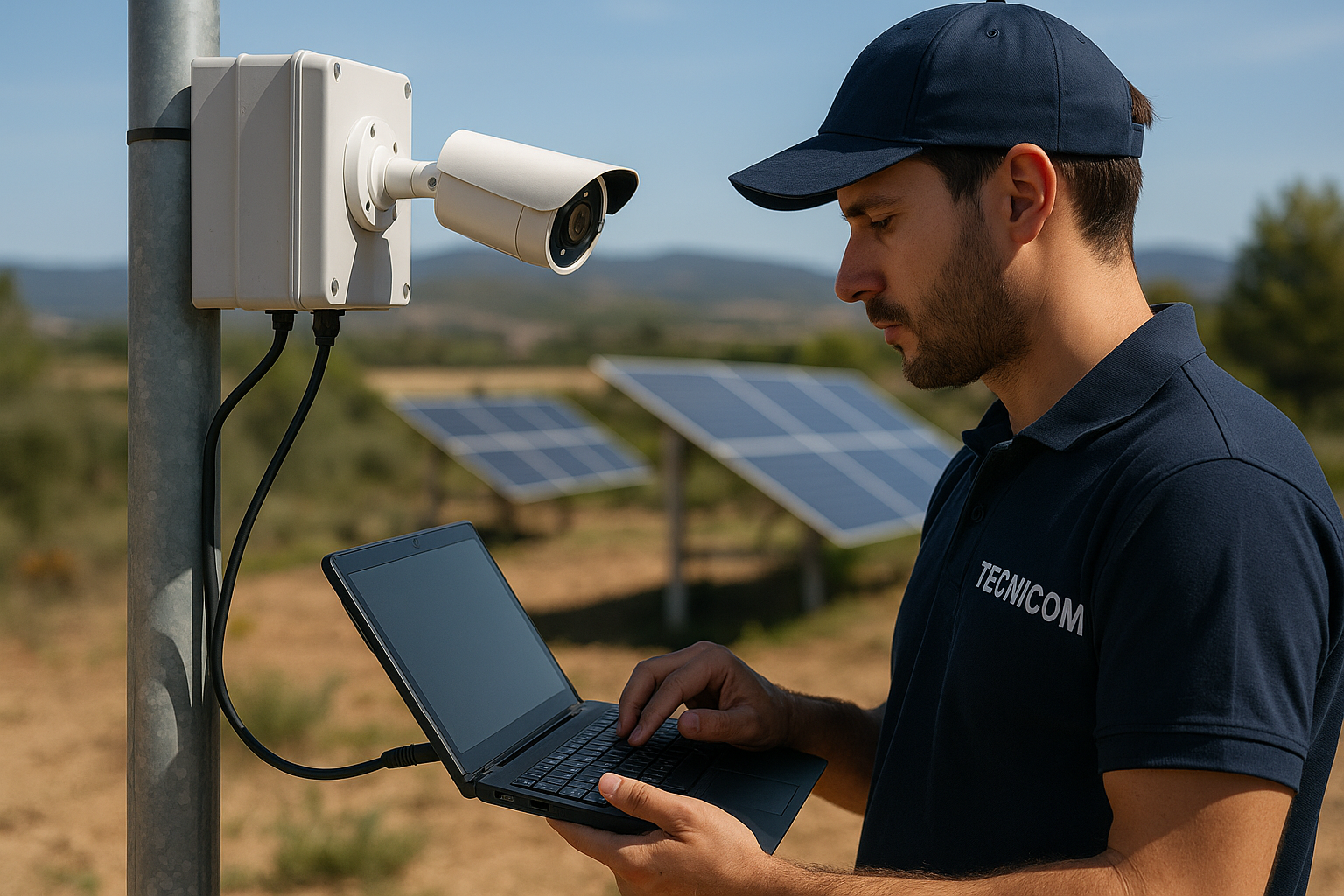 Técnico de Tecnicom configurando con un portátil la cámara analítica nueva de una campa de paneles solares en Jalance