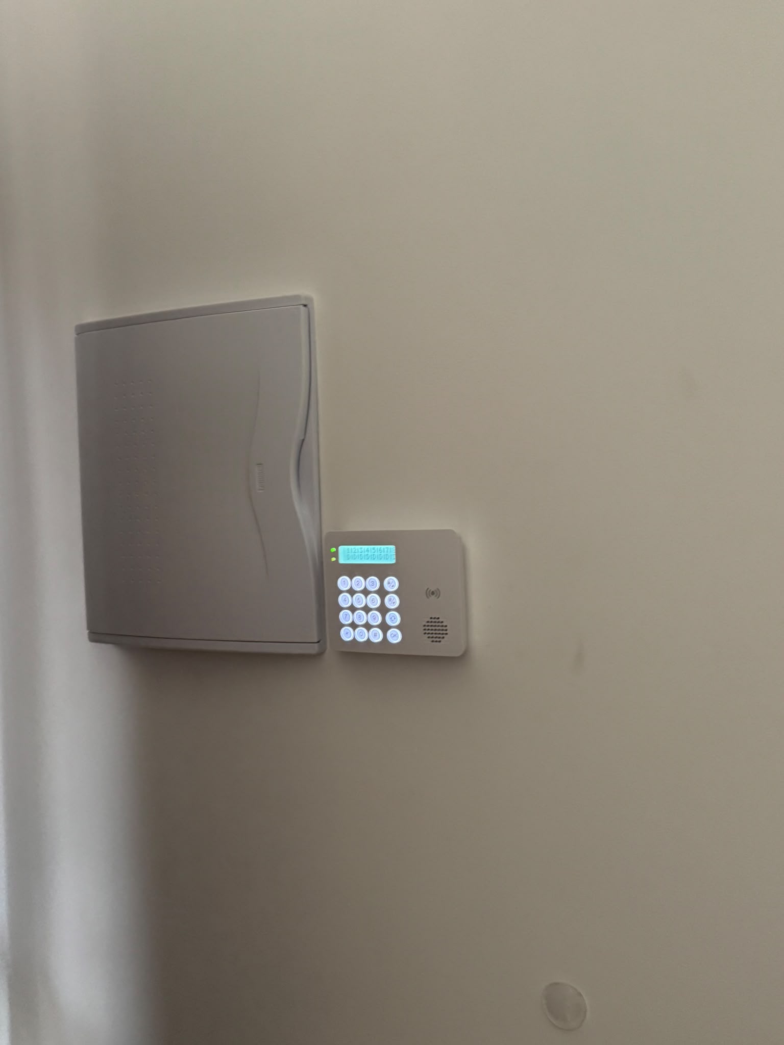 Teclado y central del nuevo sistema de alarma instalados en la pared de la vivienda de Turís
