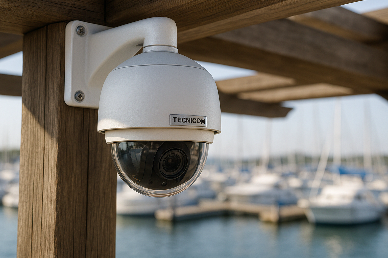 Cámara domo con placa TECNICOM instalada en una pérgola de un puerto deportivo de Valencia