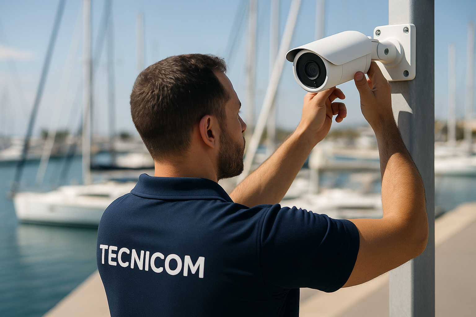 Técnico de Tecnicom, con el logo TECNICOM en la espalda, instalando una cámara de videovigilancia en un puerto deportivo de Valencia
