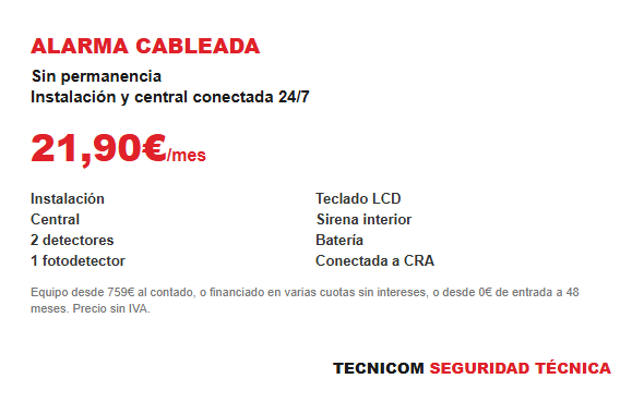 Precio alarma cableada sin permanencia desde 21,90 euros al mes
