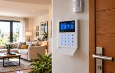Alarma cableada: teclado y detector de movimiento en una vivienda