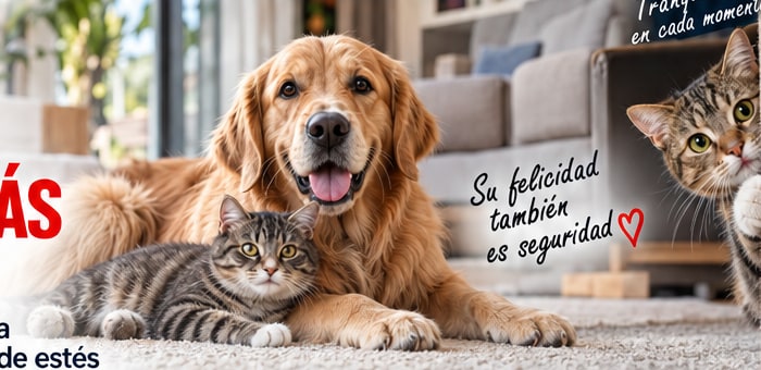Cámara IP para mascotas vigilando perro y gato en casa