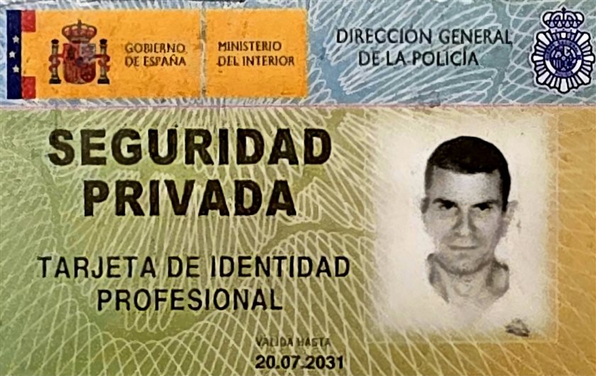 Tarjeta de Identidad Profesional (TIP) de seguridad privada de José Antonio Blasco Calatayud, Jefe de Seguridad y Director de Seguridad de Tecnicom, expedida por la Dirección General de la Policía