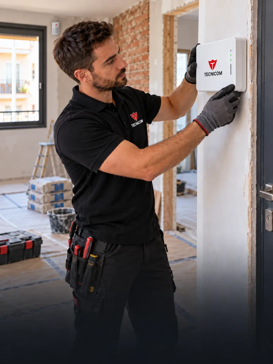 Técnico Tecnicom instalando una alarma de alquiler durante una reforma