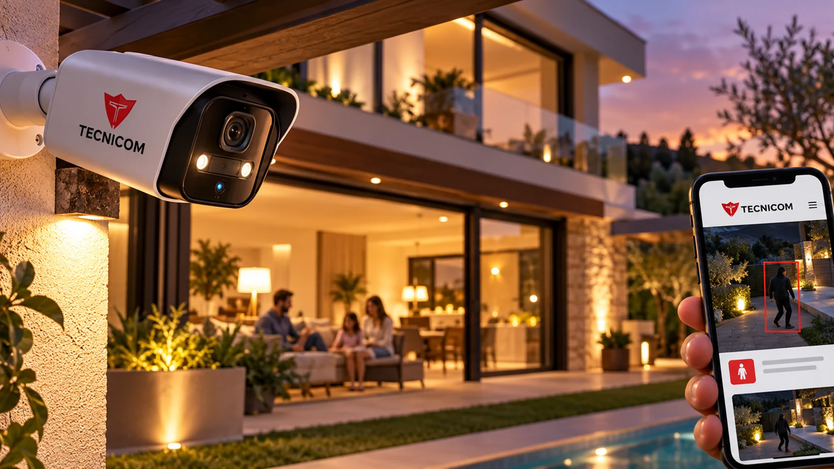 Camara de videoanalisis con IA vigilando el exterior de un chalet por la noche, Tecnicom Valencia