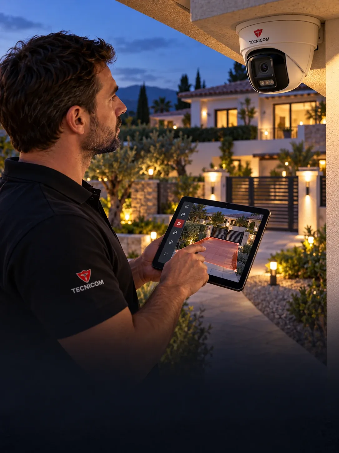 Técnico Tecnicom configurando videoanálisis con inteligencia artificial en un chalet